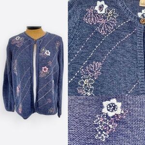 Vintage Blue 100% Cotton Floral Embroidered Cardigan Sweater Open Front Large‍‍﻿